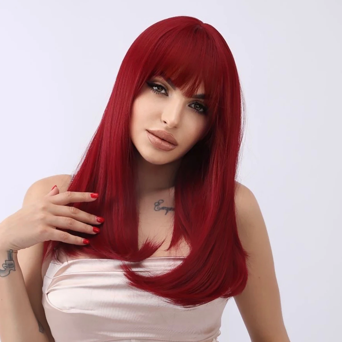 Wine Red Light Color Straight Bang Bob Wig For Women Natural Synthetic Fiber Wigs Daily Cosplay Party Heat Resistant Fiber Hair image 3