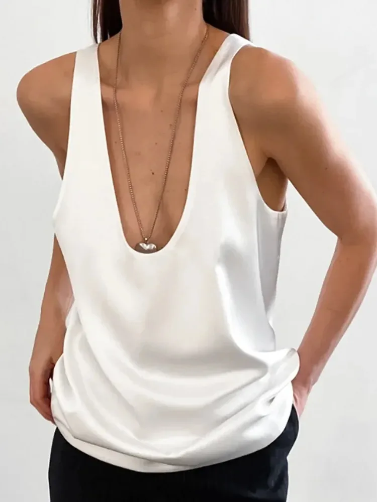 Light Luxury Comfortable Women U-neck Vest Top 2025 Spring Summer Girls Breathable Soft Satin Lining Sleeveless Top Tank MA7W