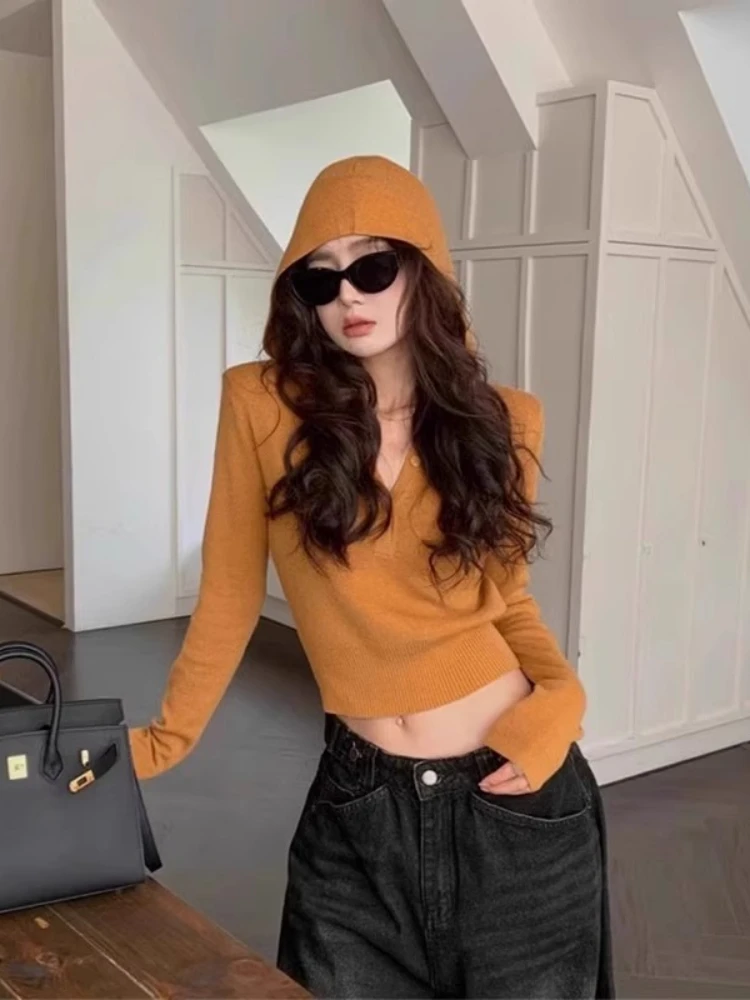 

American Vintage Fashion Hooded Knitwear Long Sleeve Hoodie Women's Sweater Short 2025 Early Autumn Slim New Design Inner Top