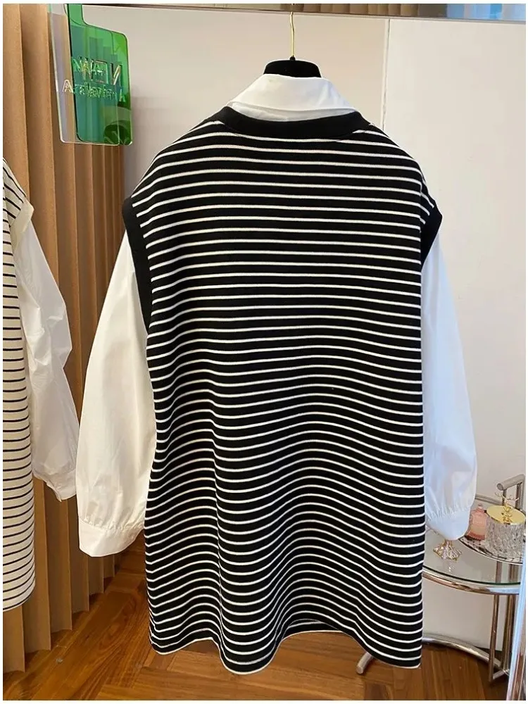 Spring Autumn Women Shirt Design Oversized Large Size Fashion Casual Fake Two-piece Striped Sweatshirt Spliced Shirt for Women