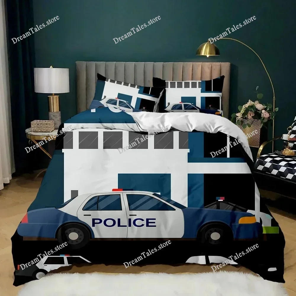 Police Duvet Cover Car Black Policeman Car Twin Bedding Set Cartoon Vehicle Comforter Cover Red Cop Lights Polyester Quilt Cover 6