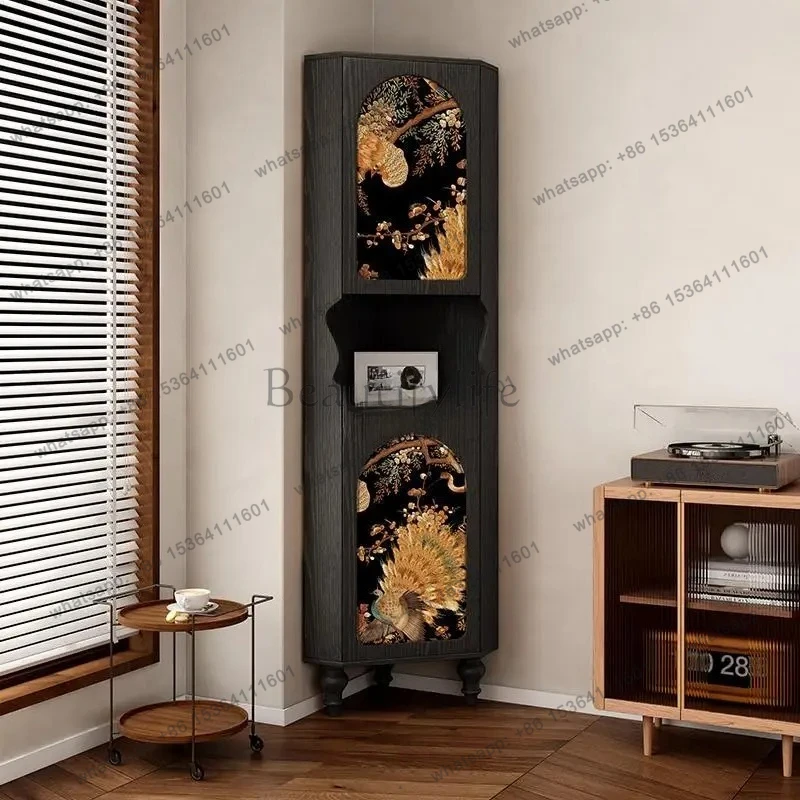 Golden Peacock Triangle Cabinet Living Room Vintage Corner Solid Wood Storage Decorative Locker