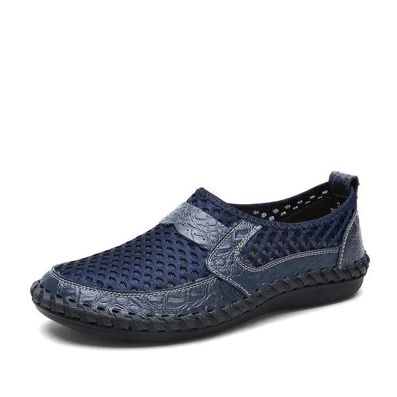 Men Slip On Mesh Casual Shoes Spliced Faux Leather Hook and Loop Breathable Outdoor Walking Shoes