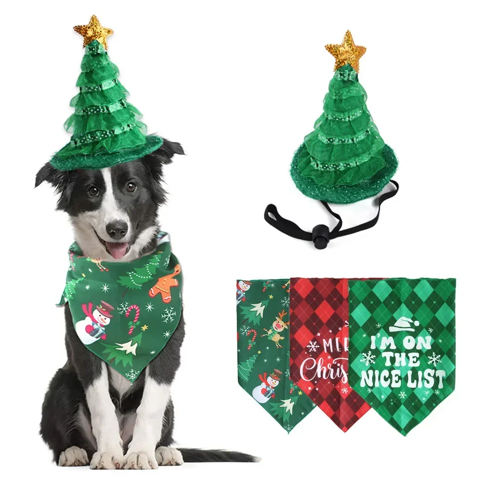 Pet Christmas Triangular Bandana Xmas Tree Shaped Hat Set Pet Dog Cat Christmas Neckerchief Headwear Cute Dress Up Costume