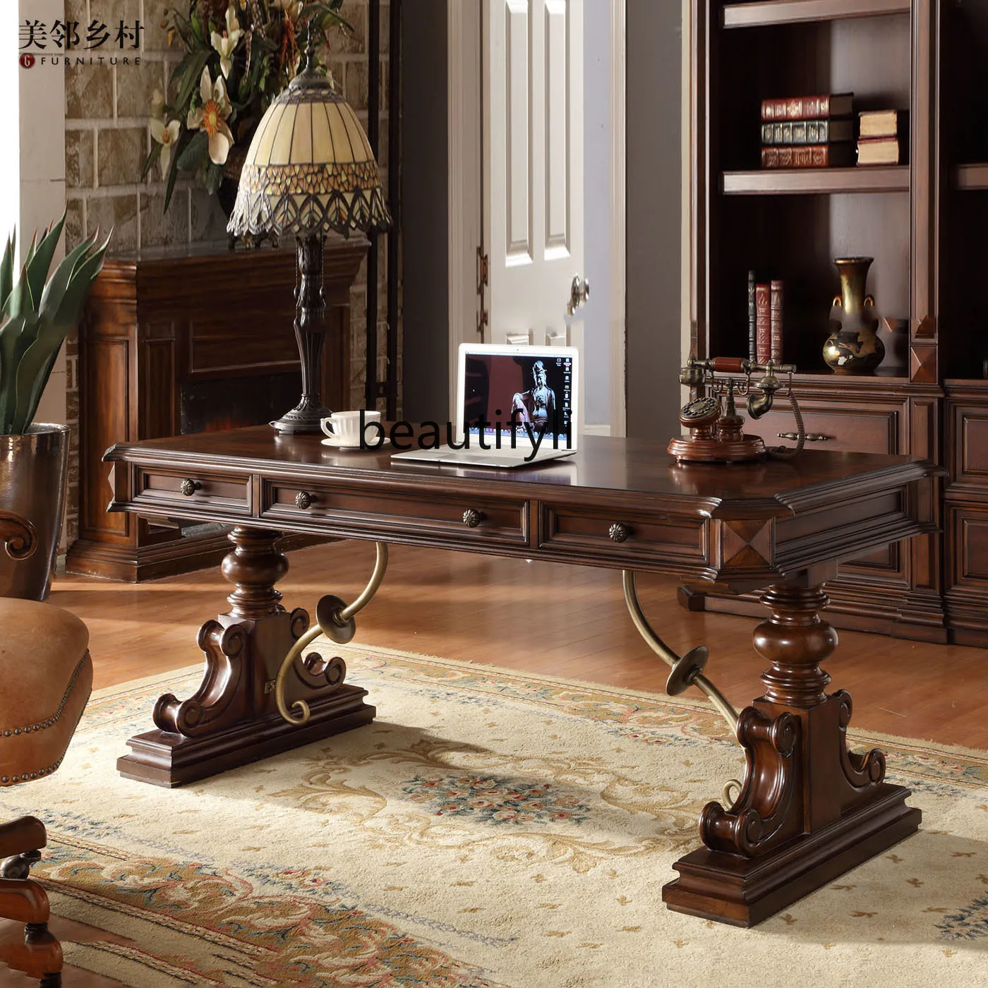 

American antique size apartment all solid wood metal decoration computer desk villa writing desk