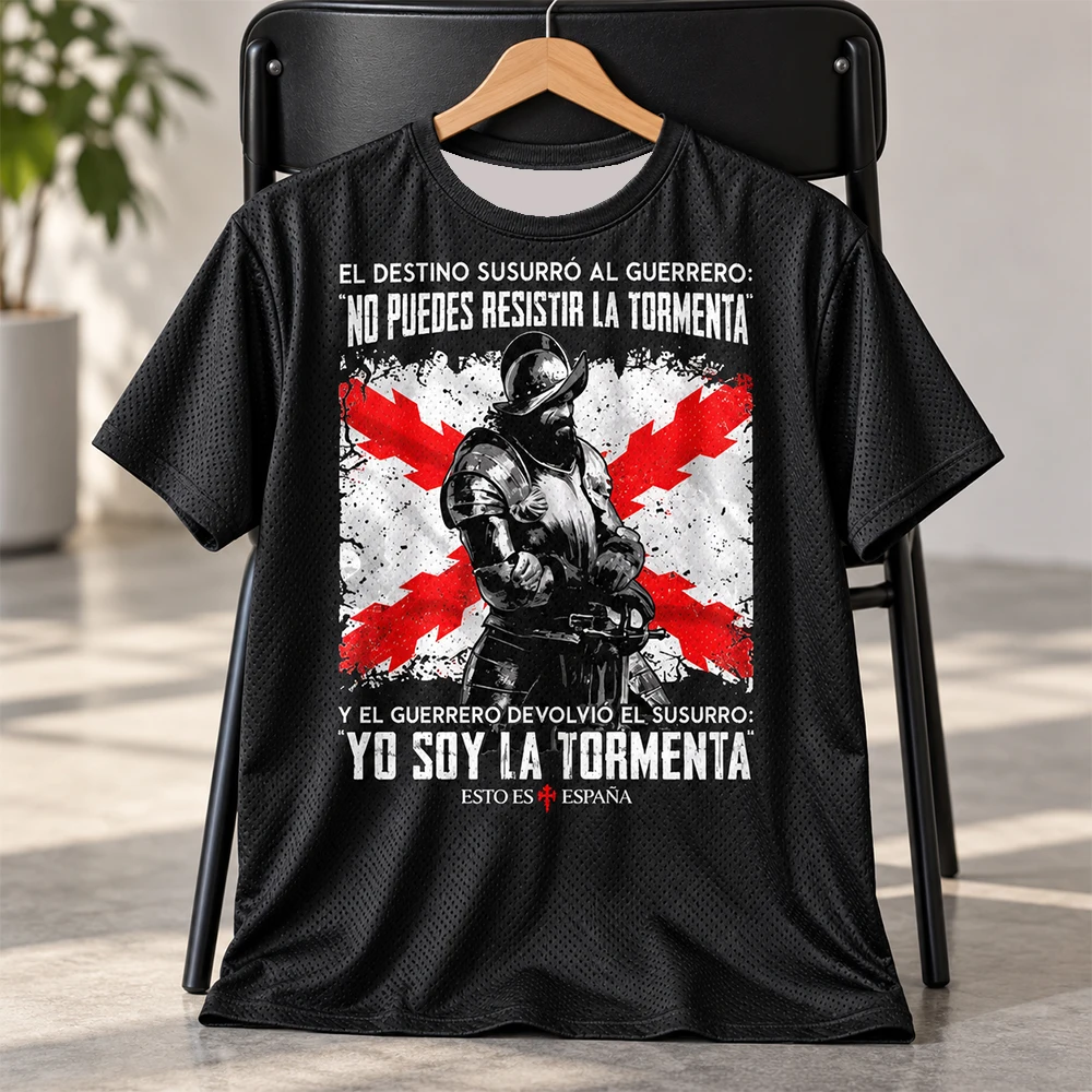Adult men's round neck short sleeved T-shirt with Burgundy cross flag and Spanish infantry print, breathable and comfortable