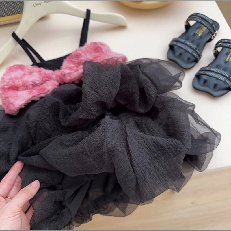 Cat and Dog Dress Summer Pink Rose Bow Slip Dress Bubble Skirt Black Princess Dress Small and Medium-sized Pet Clothing