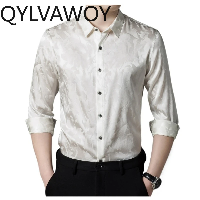 

QYLVAWOY 90.8% Natural Mulberry Silk Men's Shirts Spring Autumn Shirts Long Sleeves Tops Satin Shirts for Men Business Casual