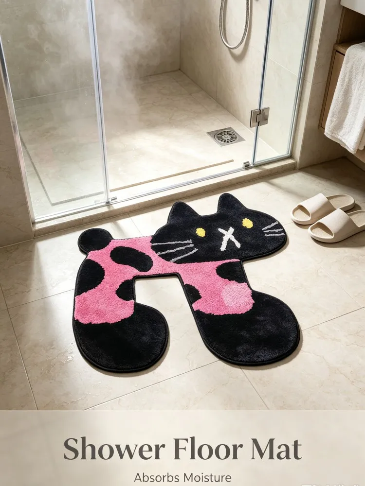Cute Cartoon Black Cat Shaped Bath Rug Soft Flannel Absorbent Non‑Slip Floor Mat Irregular Pink‑Pattern Animal Carpet For Bathro