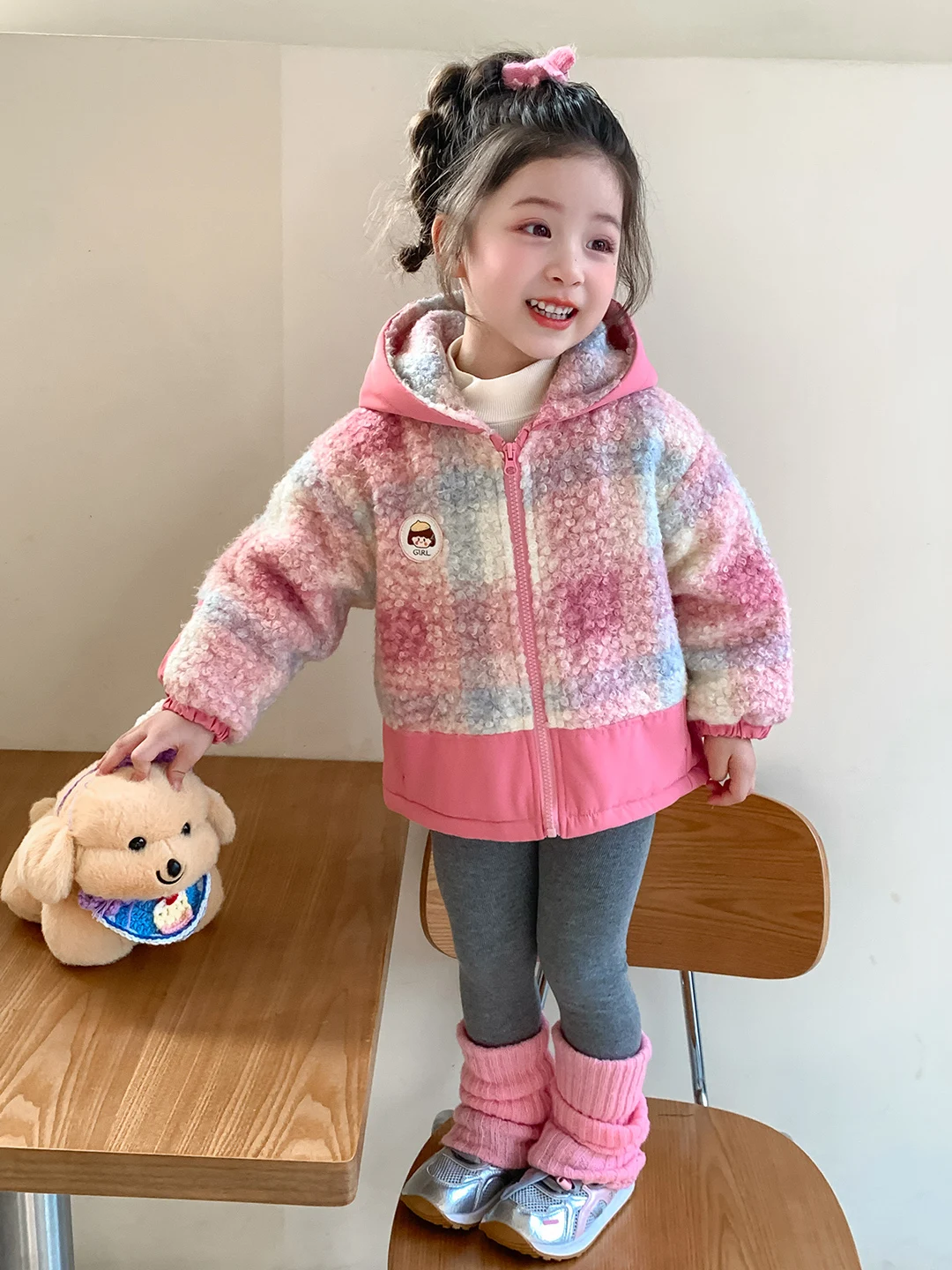 Thiened Fce Girls Coat Autumn Winter New Sle Children Outerwear Baby Outfit Long Sve Zipper Closure Plaid Pattern