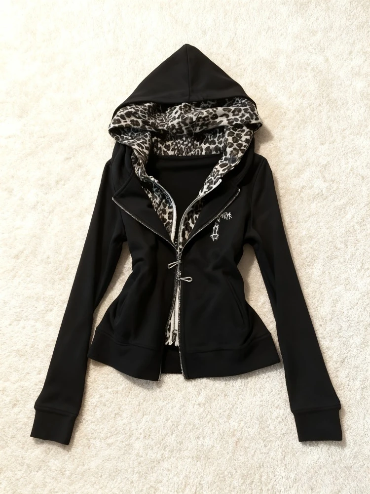Otoño Y2K subcultura estampado de leopardo Sudadera con capucha mujer Vintage Patchwork falso sudadera de dos piezas moda chaqueta con cremallera Tops nuevo