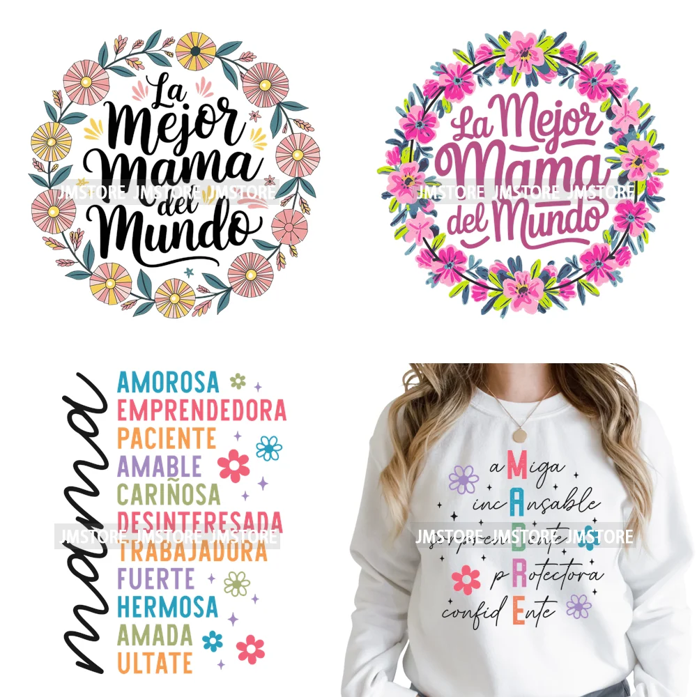 Boho Flower Madre Spanish Mama Inspirational Mom Iron on Washable DTF Heat Transfers Stickers Ready to Press for T-shirts Bags