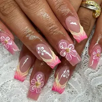 Dreamy Pink Yellow Gradient Flowers Chic 3D Water Ripple French Fake Nails Art False Nail Charm Tip Press on Nails Manicure Tool