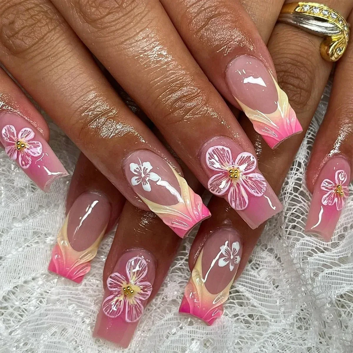 Dreamy Pink Yellow Gradient Flowers Chic 3D Water Ripple French Fake Nails Art False Nail Charm Tip Press on Nails Manicure Tool