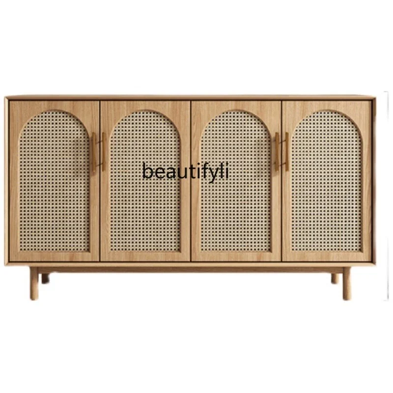 

Nordic Solid Wood Rattan Sideboard Cabinet Japanese Style Living Room Log Locker Simple Modern Multi-Functional Storage Cabinet