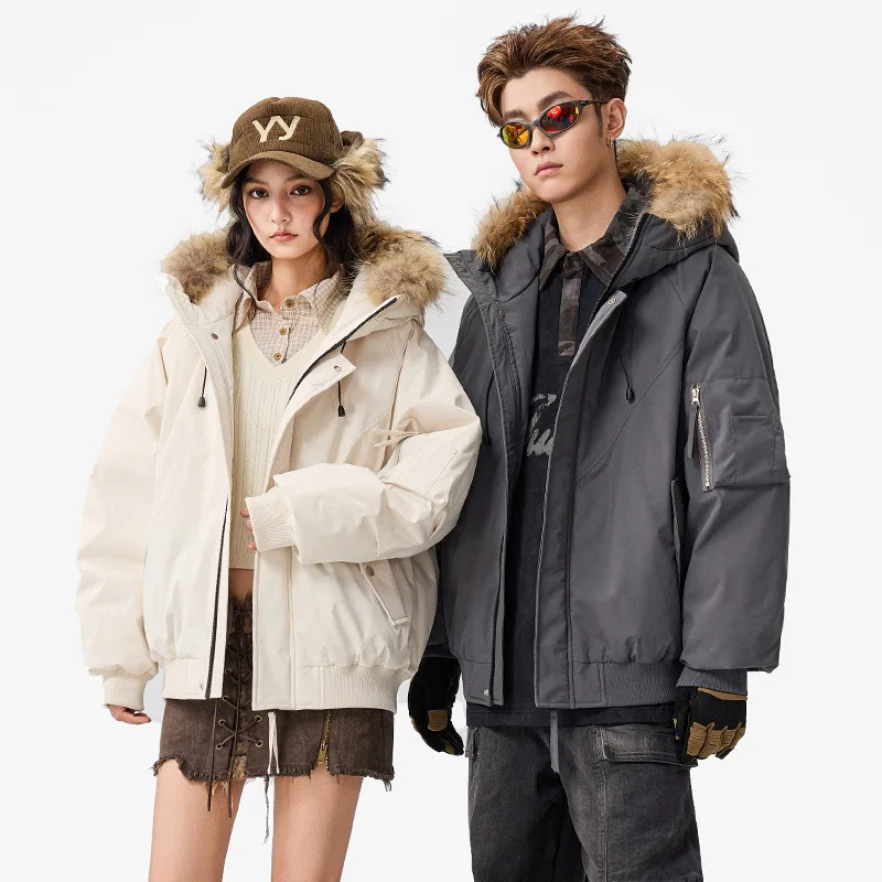 

Men's Winter Puffer Jaet Warmth Hooded Du down Coat with Mink Collar American Sle Streetwear Thiened Outerwear