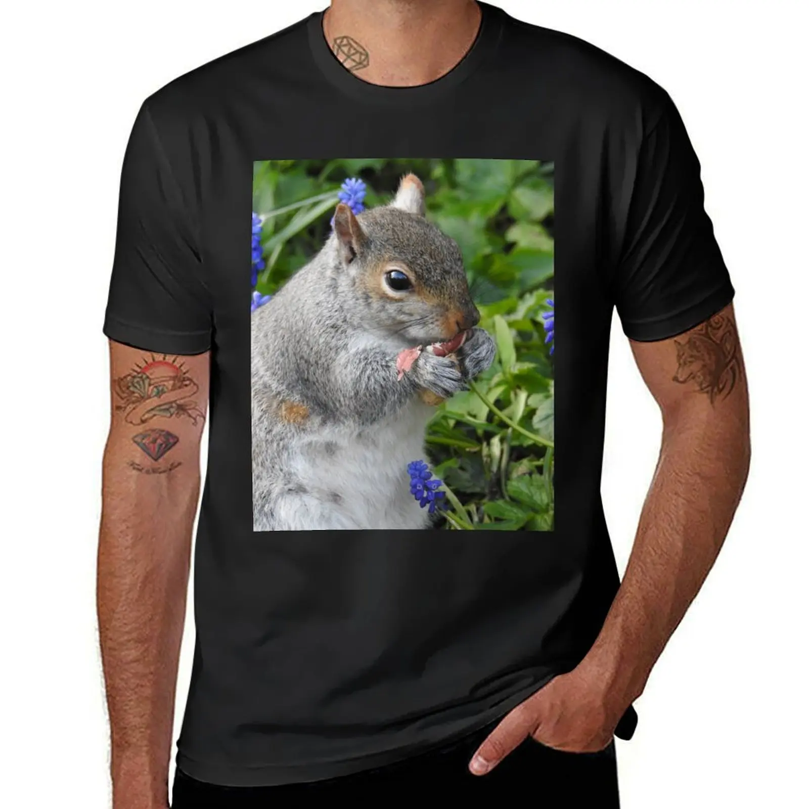 Grey squirrel having lunch. T-Shirt graphics animal prinfor boys workout shirts for men