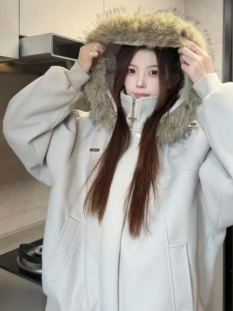 

Thiened American Sle пальто с капюшоном и меховым воротником для мужчин и женщин, зимнее теплое хлопковое пальто Jaet для пар, шерстяное пальто