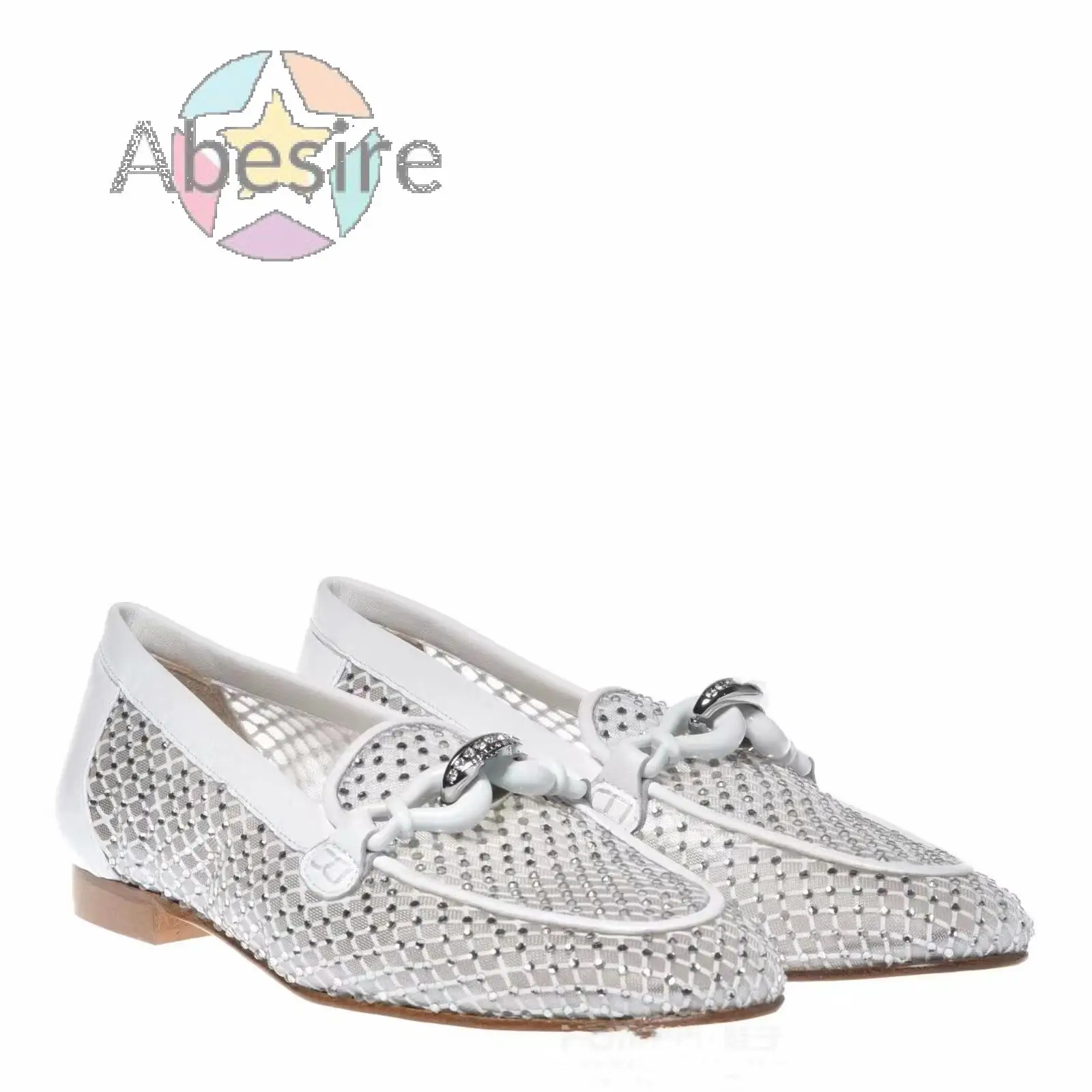 

2024 Spring Summer New Flat Rhinestone Shallow Round Toe Shoes Breathable Mesh Full Diamond Women's Slip On Catwalk Loafers Shoe
