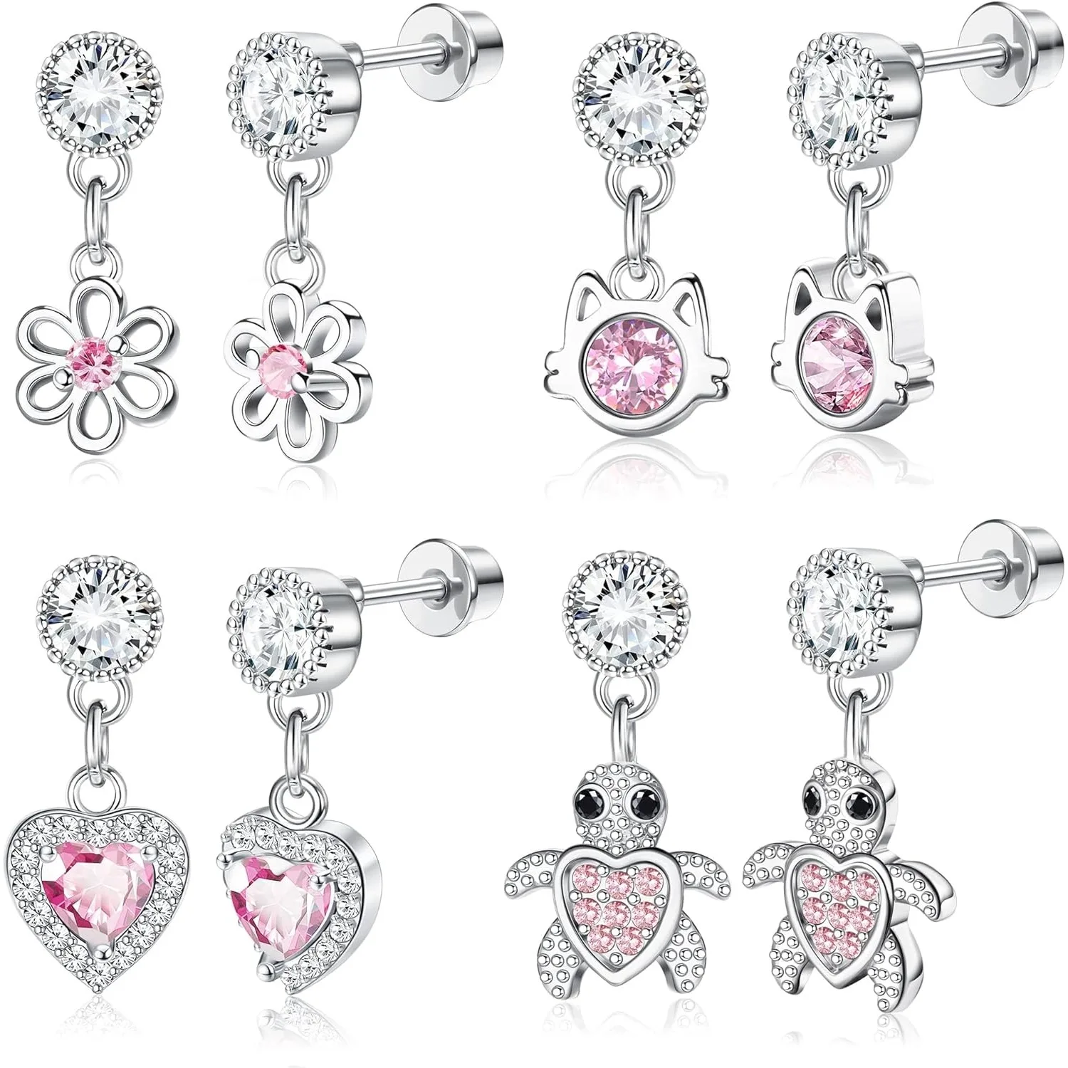 

Florideco 4 Pairs 316L Stainless Steel Earrings for Women Cubic Zirconia Screw Buckle Flower Sweet Cartilage Piercing Jewelry