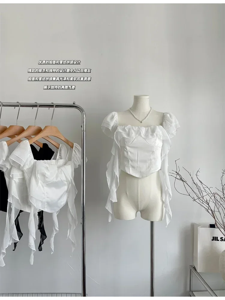 

Women White Shirts and Blouses Y2k 90s Vintage Korean Casual Harajuku 2000s Elegant Square Collar Long Sleeve Shirt Top Clothes