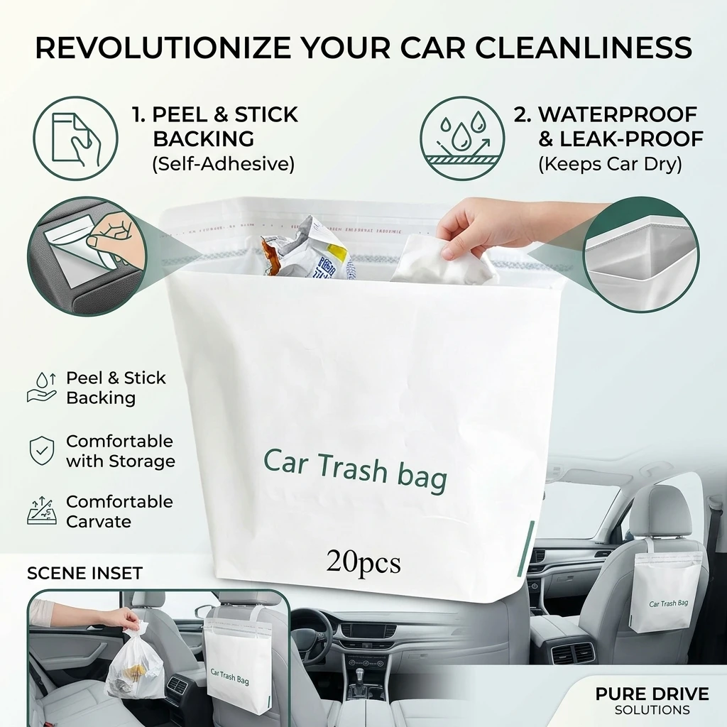 20Pcs Car Garbage Bag Self Standing Adhesive Cleaning Bag Disposable Car Trash Bin with Stand Strap Auto Interior Organizer