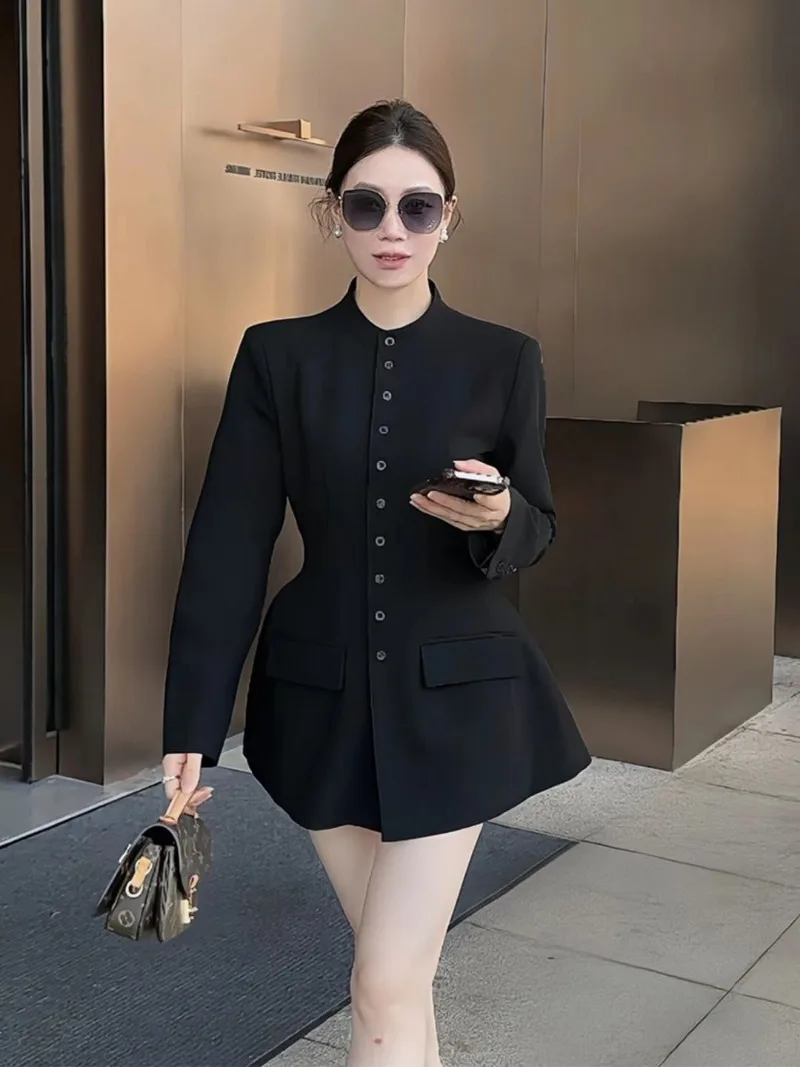 

Новое корейское модное осеннее женское пальто высокого класса, элегантное однобортное однобортное длинное пальто с тонкой талией и длинным рукавом с круглым вырезом