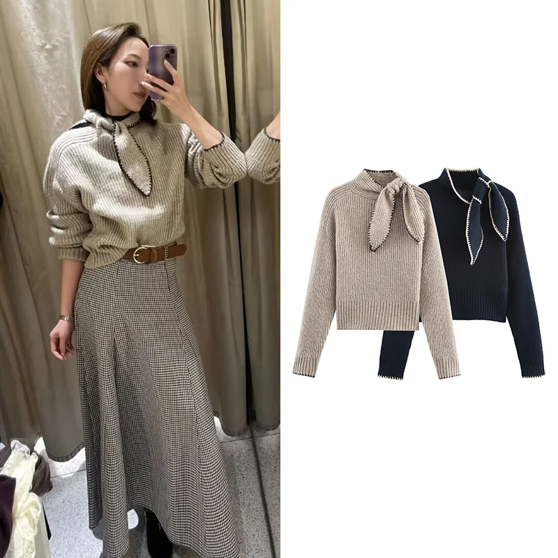 

Tidalyf 2026 New Spring Women's Knitted Pullover Fashion Slim Scarf Collar Elegant Women long-sleeved Sweater Chic Warm Pullover