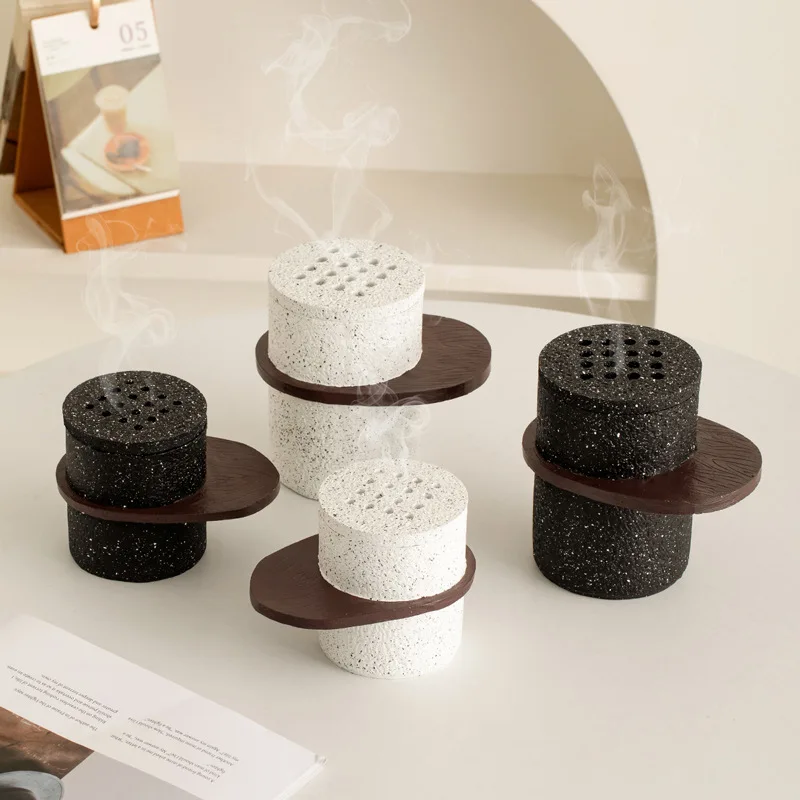 Marble Texture Incense Burner with Handle & Lid, Portable Aroma Censer Home Tabletop Decor