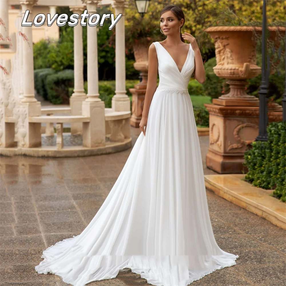 New Simple Pretty A-Line Wedding Dresses Sleeveless Bride Robes Sexy Deep V-Neck Bridal Gown Chiffion Backless Vestidos De Noiva