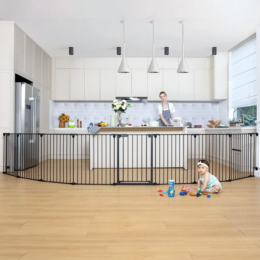 

198" Baby Gate Extra Wide, Dog Gate Pet Gate for House Stairs Doorways Fireplace, 3 in 1 Play Yard Child Safety Gate, Auto Close