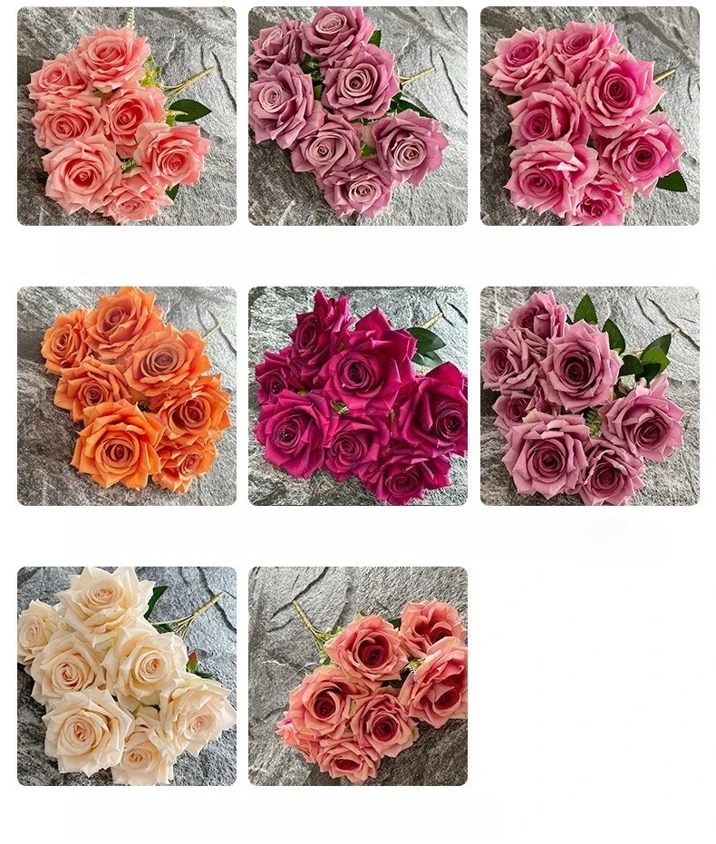 1/2/3 Stück Künstliche Hornrosen aus Seide, Kunstblumen für Hoteldekoration, Simulierte 7-Köpfige Rosensträuße für Liebespaare, Hochzeitsrosen in Rosa – Detail 2