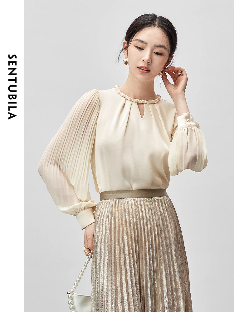 SENTUBILA Women French Hollow Out Blouse 2024 Autumn Chiffon Straight Woven O Neck Lantern Sleeve Tops 143V56037