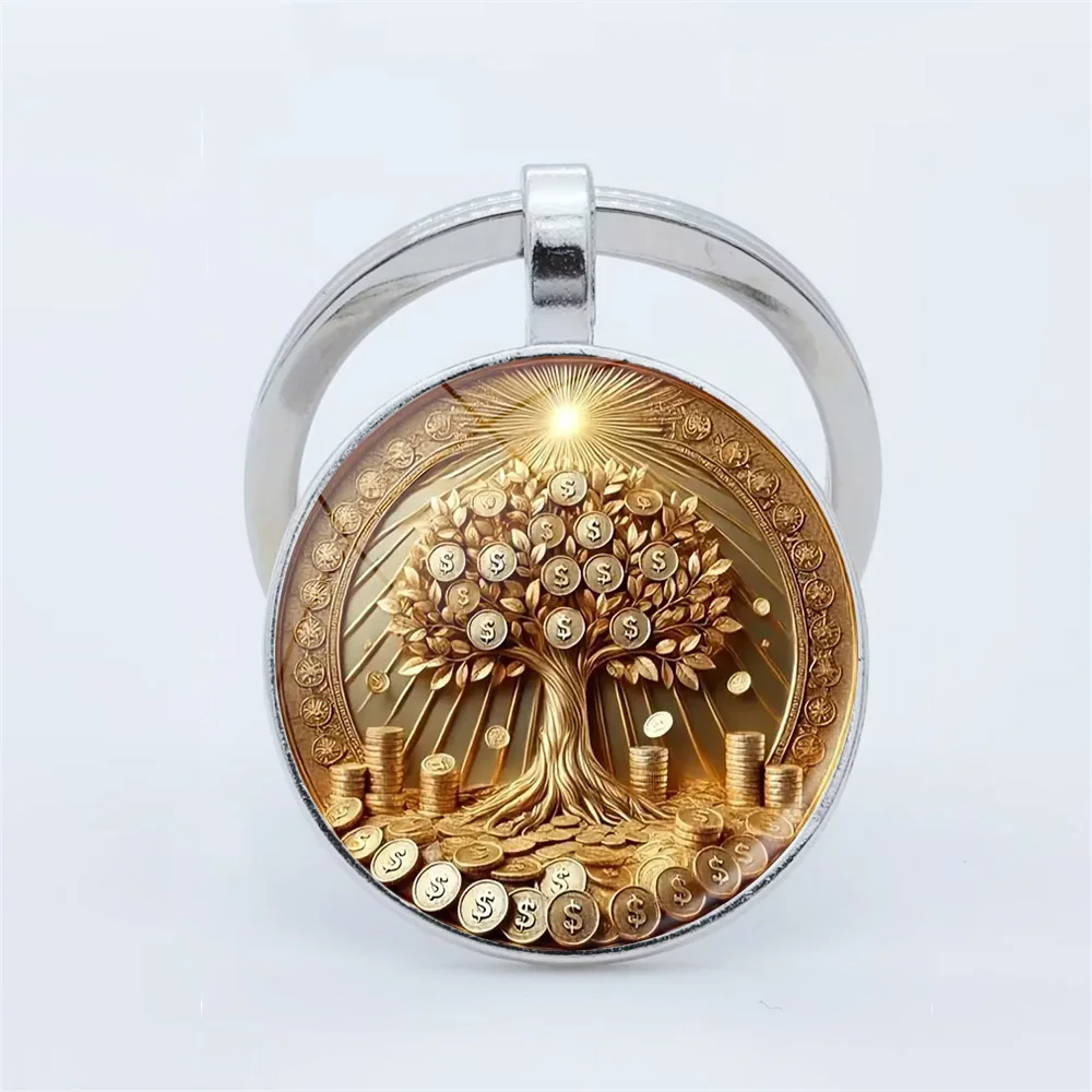 Prosperity Money Tree Keychain Retro Gold Round Glass Keychain with Wealth Symbol, Durable Bag, Car Key Pendant Men Fashion Gift