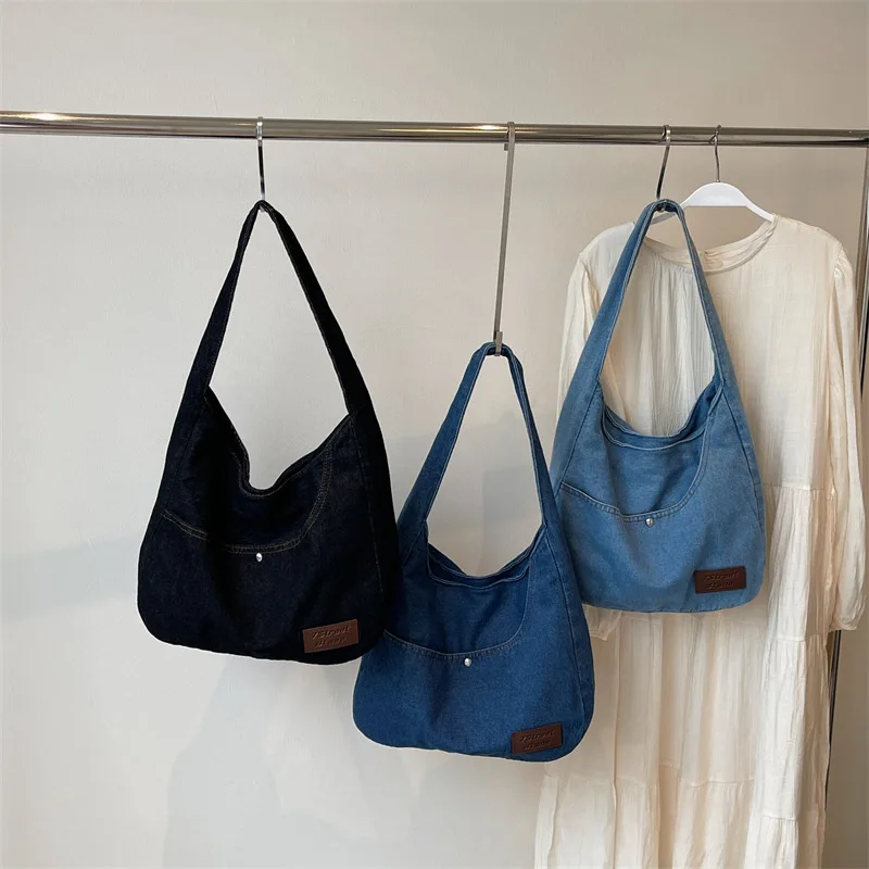 Wear-resistant washable denim, large-capacity women's single-shoulder hand-carry shopping bag, close-fitting commuter tote bag