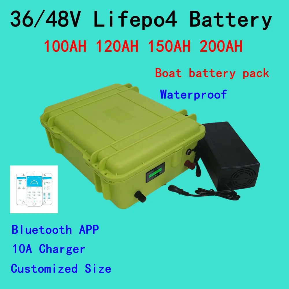 Boat Batterie Lithium LiFePO4 pack, 36V,100Ah 150Ah 200Ah, 48V,100Ah 120Ah, avec Bluetooth, pour Tricycle,  boat motor + Charger