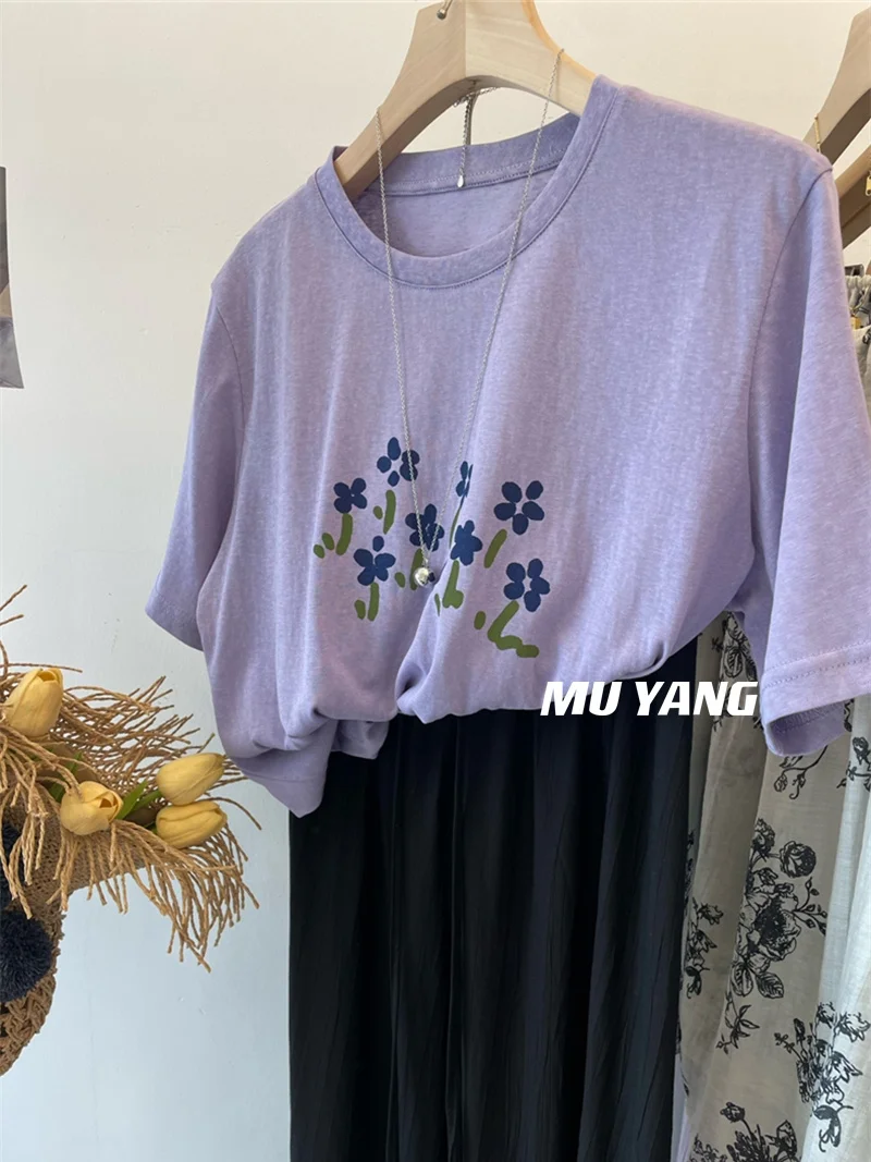 

Tea Art Korean Style round Neck Short Sleeve Women's T-Shirt Floral Casual Versatile Slimming Top Cotton Blend Summer Wear