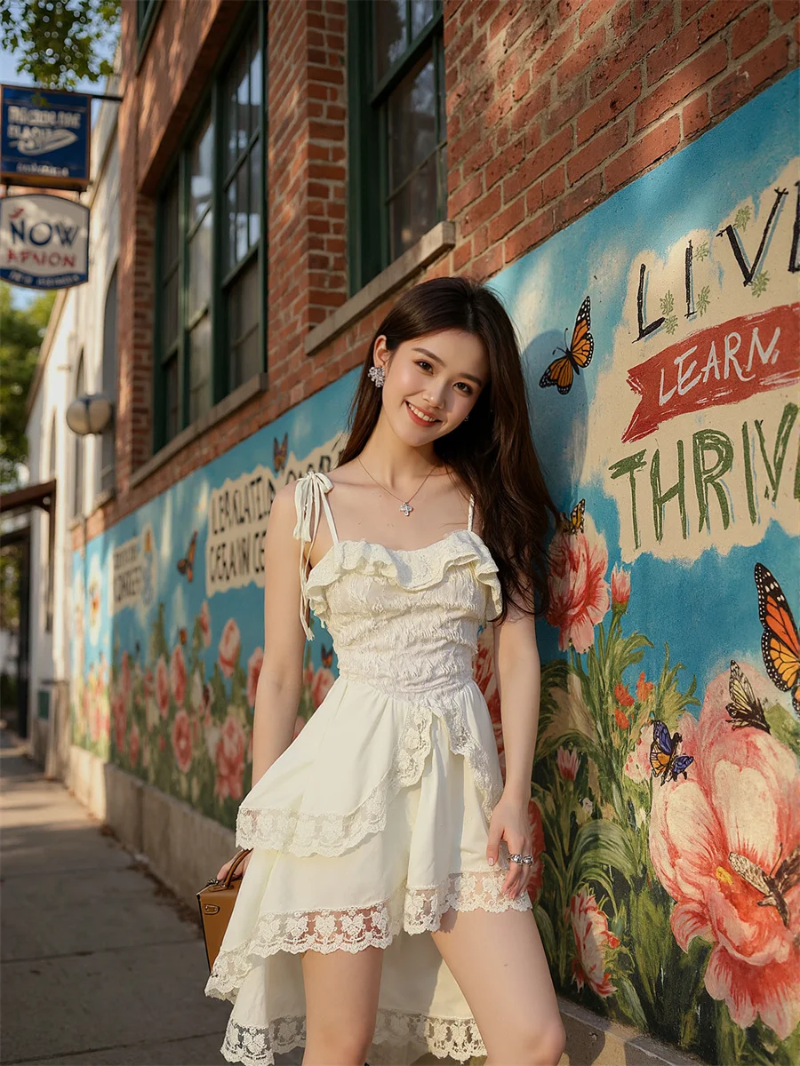 Damenkleid mit Applikation, Weiß, Sommer, Volantrand, Seidensatin, Netzstoff, Patchwork, Feenabend, besondere Anlässe, Abschlussball, Empfangsdetail