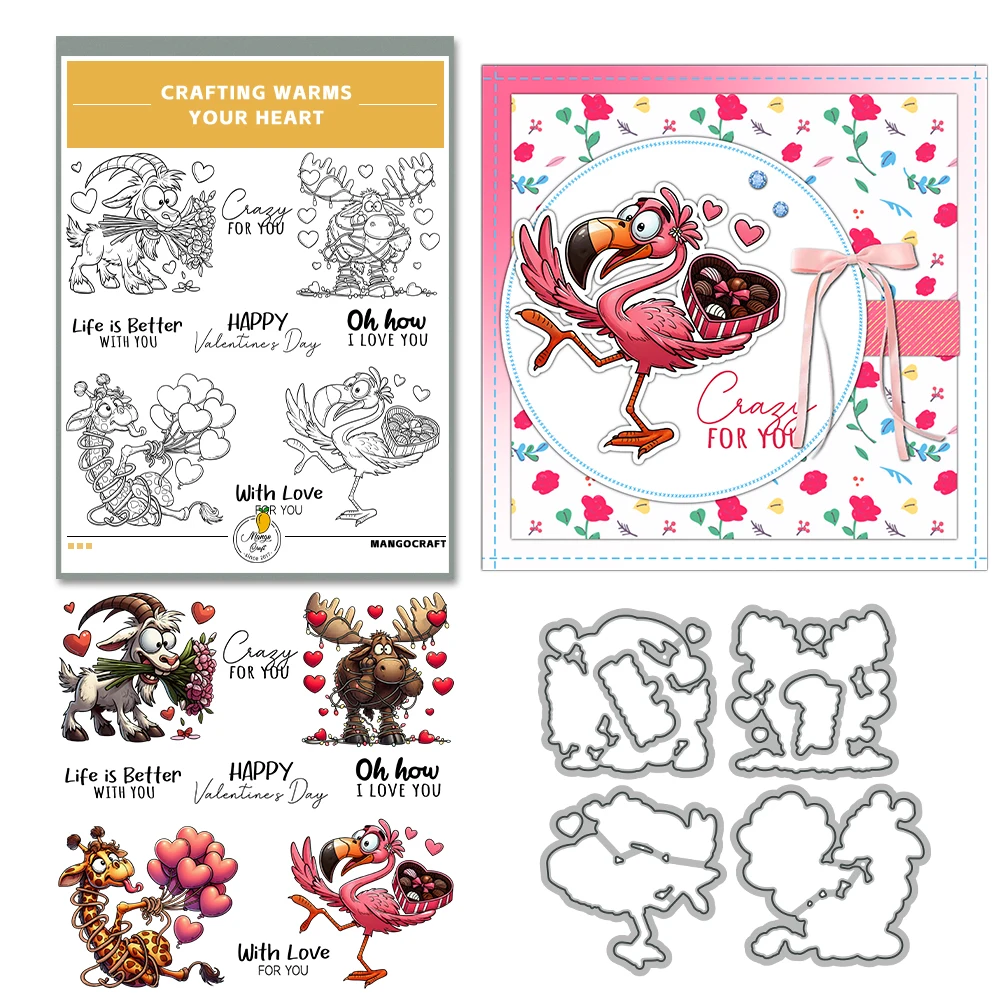 Mangocraft Cute Animal Cutting Dies Love Valentine\'s Day Clear Stamp DIY Scrapbooking Metal Dies Silicone Stamp For Cards Albums