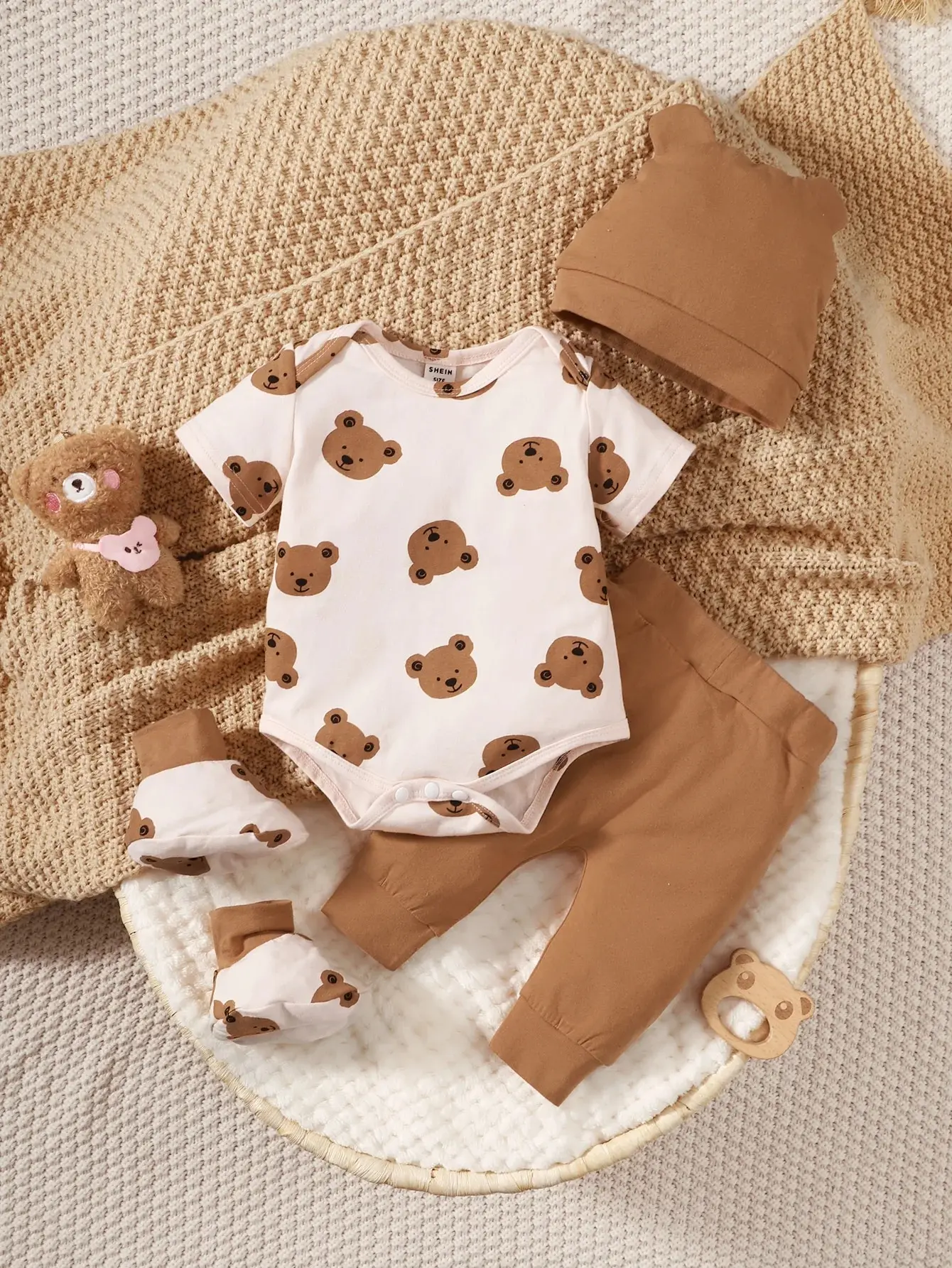 4PCS Clothing Set 0-9 Months Newborn Baby Boy Bear Short Sleeve Romper+Pants+Hat+Sock Infant Baby Full Moon Photography Outfits