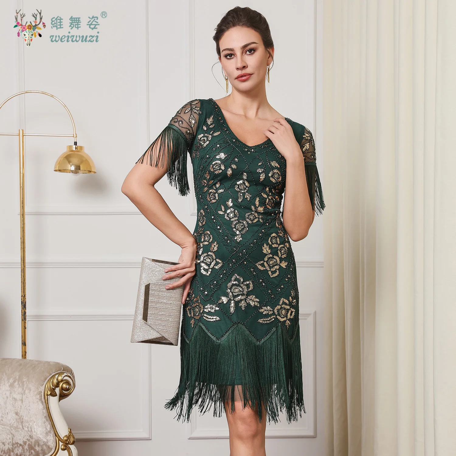 

New Women's Sequin Round neck slimming Short Sleeve Fringe Dress Vintage Rose Embroidery Cocktail Party Dance Evening Gown