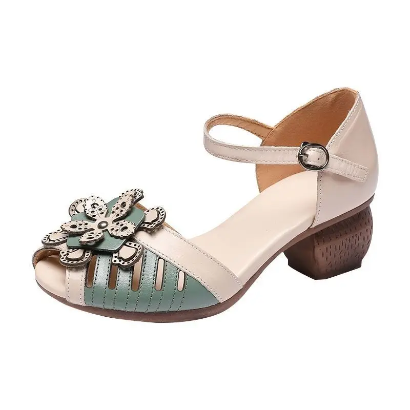 

Women Vintage Genuine Cow Leather Sandals Closed Toe Floral Cutout Block Mid Heel Ankle Strap Handmade Summer Casual Shoe ladies
