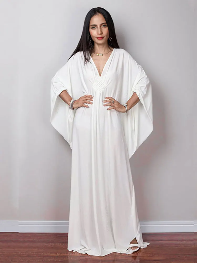 2023 Solid V-neck Batwing Sleeve Plus Size Kaftan Loose Maxi Dresses Women Summer Beachwear Bathing Robe Soft House Dress N1306