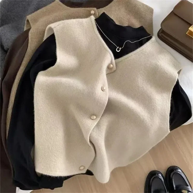 โหมดBüro Elegante Tops Frühling Herbstผู้หญิงSolid Knopf V-Ausschnittmellosessige Pullover Gestrick Jaket Weste