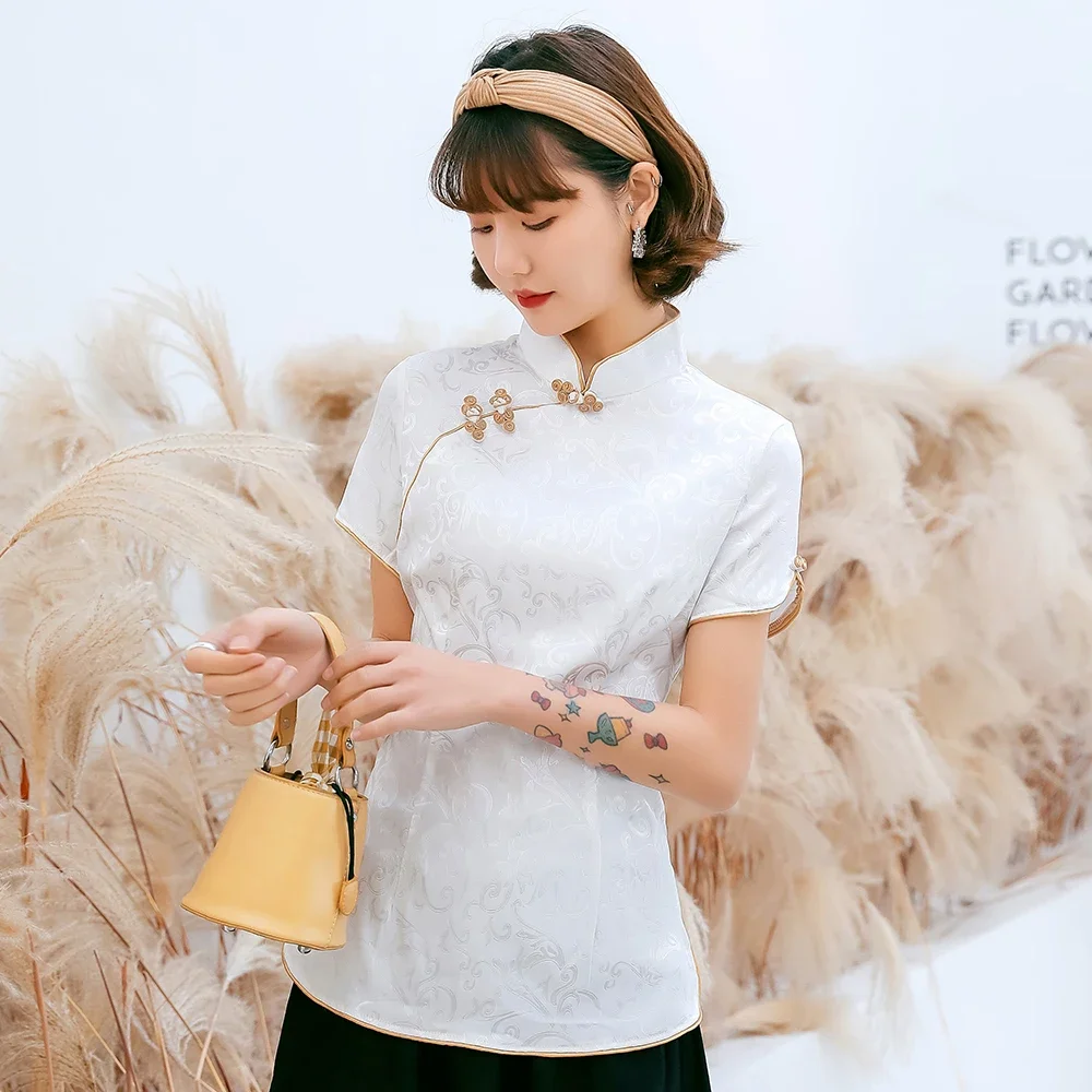 

Белая блузка с принтом, элегантная хлопковая китайская женская рубашка с воротником-стойкой, новинка, классические топы на пуговицах ручной работы с короткими рукавами