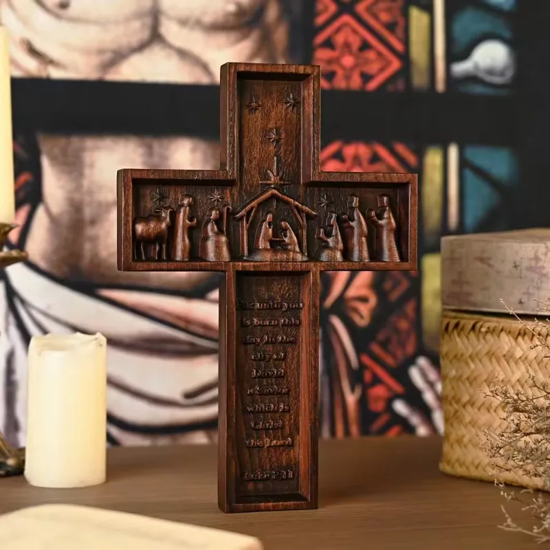 Wood Carving Jesus Birth Cross Crafts Home Church Decoration Cross-border Ornaments Solid Wood Pendant Wooden Decor