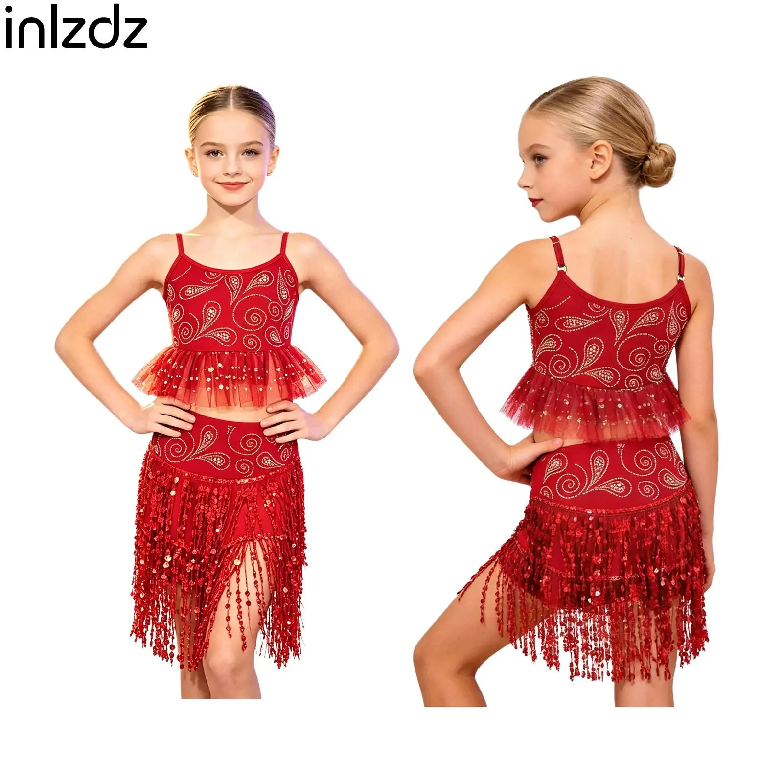 

Kids Competition Latin Jazz Dance Outfit Spaghetti Strap Rhinestone Peplum Top with Sequin Skirt 2Pcs Salsa Tango Dance Set
