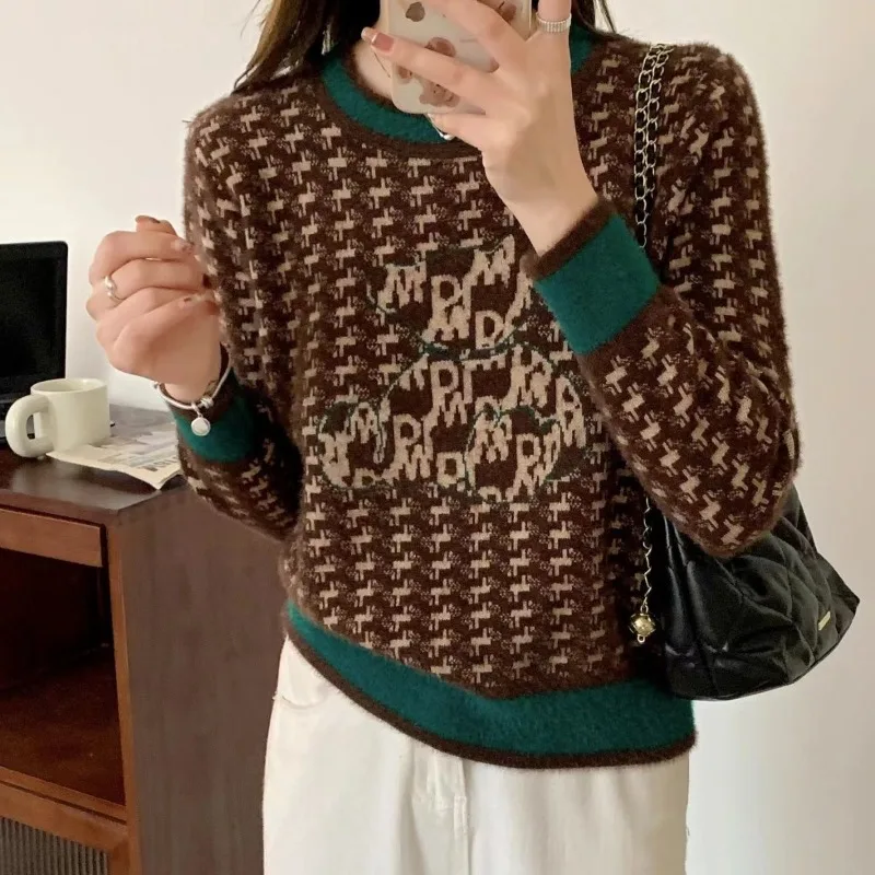 Women's Loose Sweater 2025 Autumn and Winter New Style Spliced   pullover Round Neck Style Knitted Top