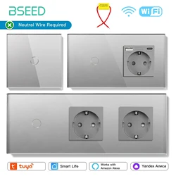 BSEED 1/2/3Gang Wifi Smart Touch Switches Tuya Smart Life Alexa App With EU Sockets USB Type-c Power Ports With Capacitor Gray