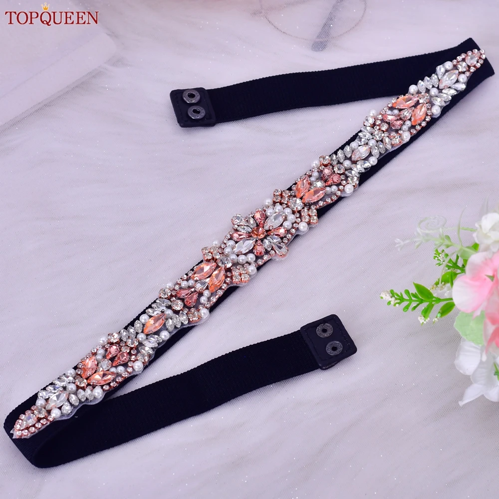 TOPQUEEN S442-B Fashion Dress Elastic Belt Women Rhinestone Pearl Rose Gold Luxury Party Sash Overcoat Western-style Accessories